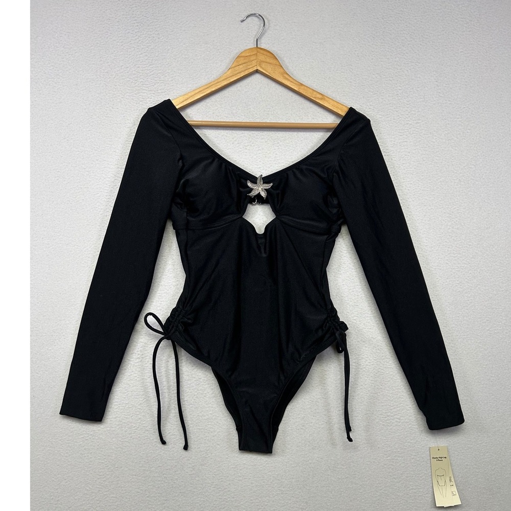 Mermaidcore Coastal No Boundaries Womens M Black Long Sleeve Cutout Swimsuit